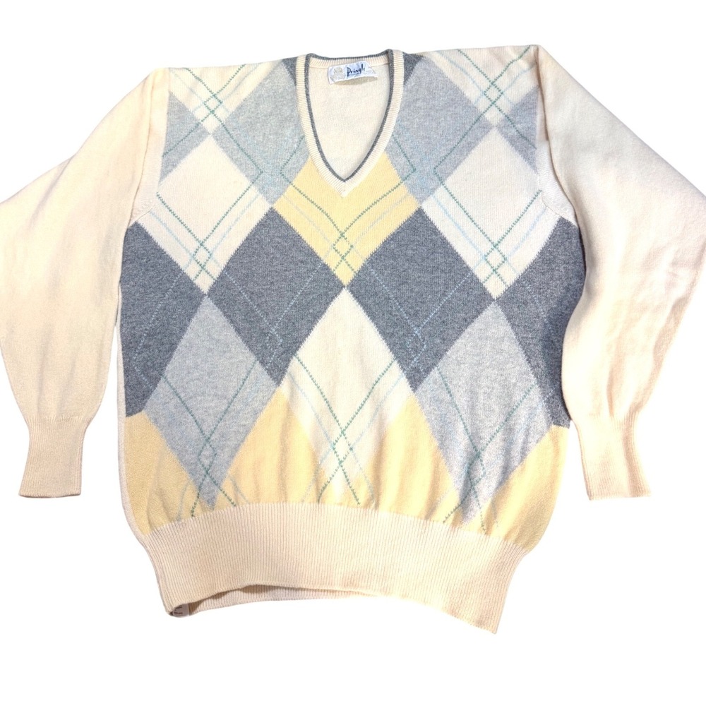 Pringle of Scotland Lambswool Argyle Sweater | Cream Yellow Grey | Cottagecore